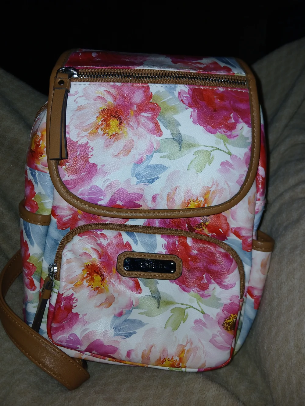 Rosetti Floral Backpack in Pink, White & Tan Trim